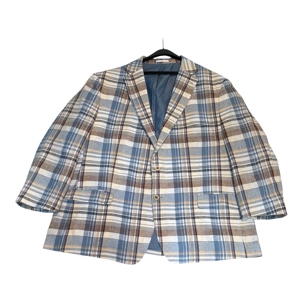 Linen Blazer Mens 54R Two Button Double Vented Talia Sport Coat Blue Brown Plaid
